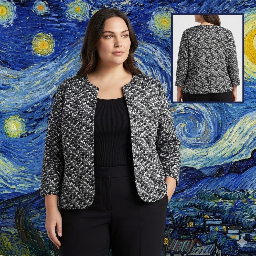 Anne Klein Women 3X Blazer Zinc Black Geometric Honeycomb Open Front 102WBX8626
